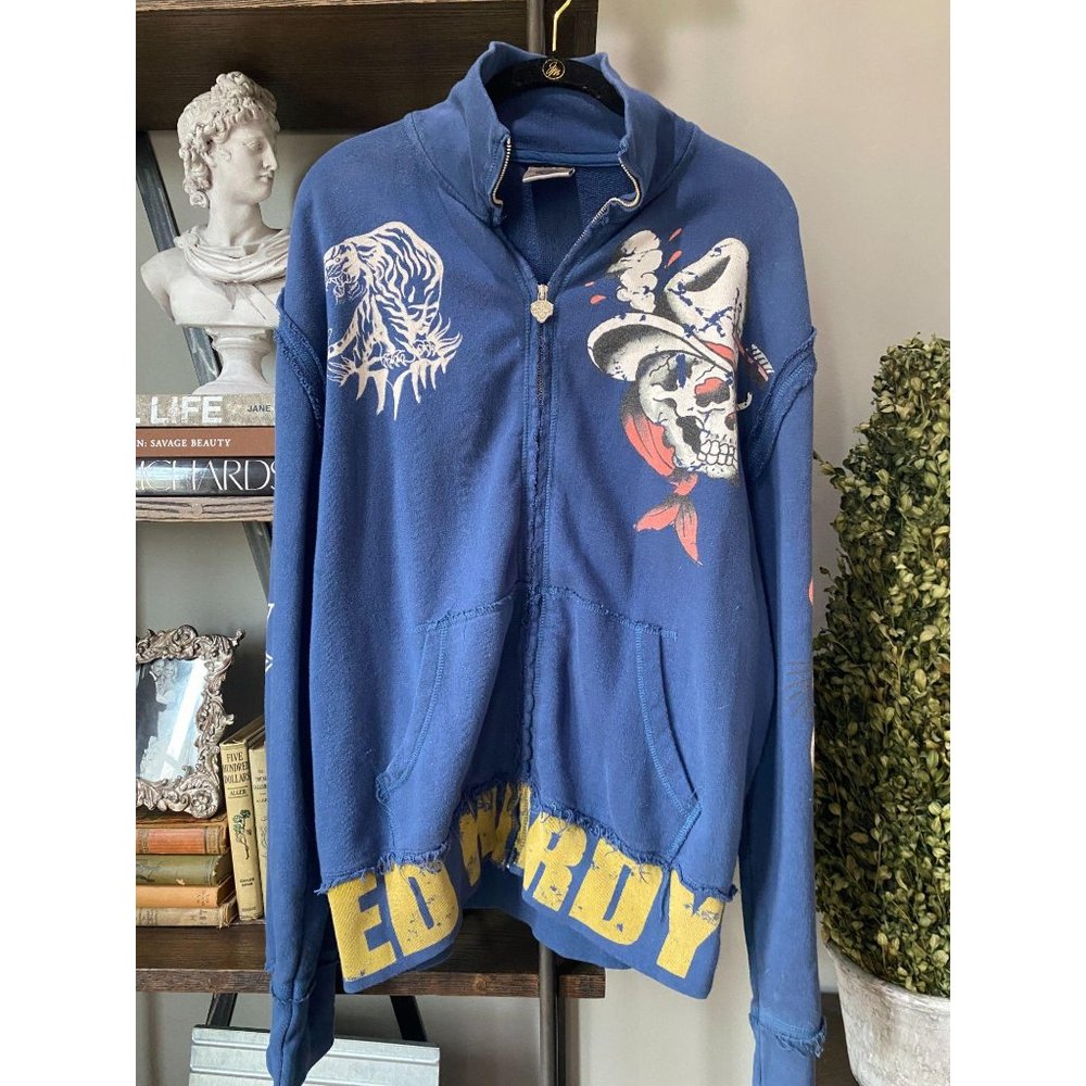 Ed Hardy Y2K Zip Front Sweatshirt Blue XL - Picture 1 of 8